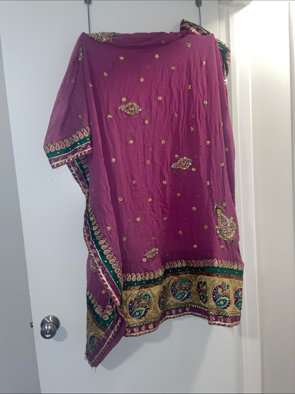 Magenta Embellished Maxi Dress with Gold & Green Trim
